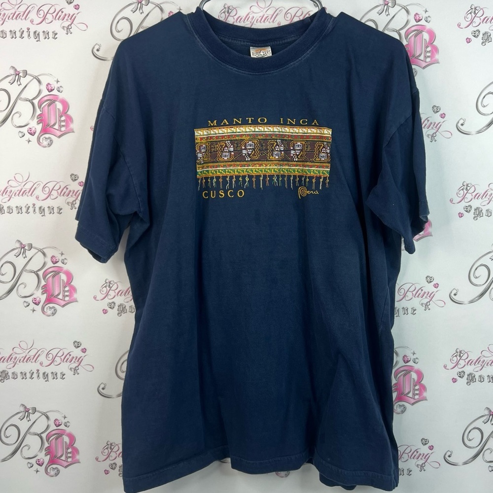 Rufyars tshirt Machu Picchu Peru tee shirt embroidery blue navy yellow Aztec